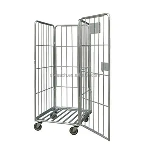 3 Door Collapsible Storage Security Mesh Wire Steel Roll Cage Trolley For Warehouse Storage