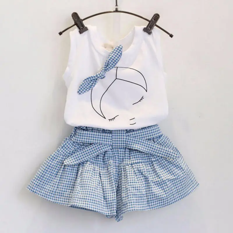 Summer 2pcs Baby Girls Suits Cute Clothes Sets White T Shirt und Plaid Blue Pants für 2-6 Years