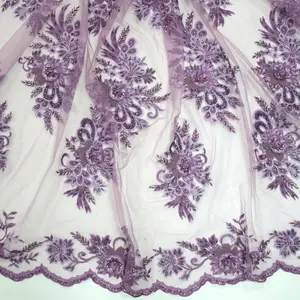 Tela bordada de encaje de flores en 3d, tela de encaje de malla Lila bonita con lentejuelas y cuentas para sarees HY0941-1