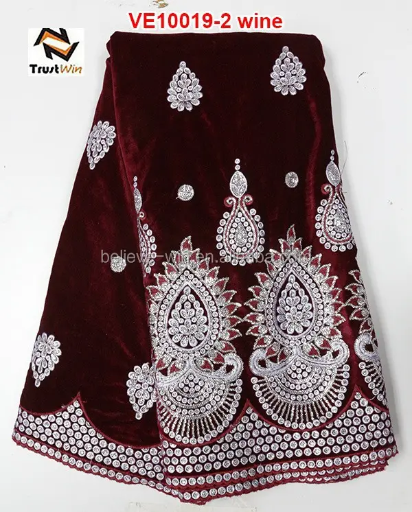 Cheap price embroidery designs with sequins and beads embroidered velvet fabric VE10019 wine