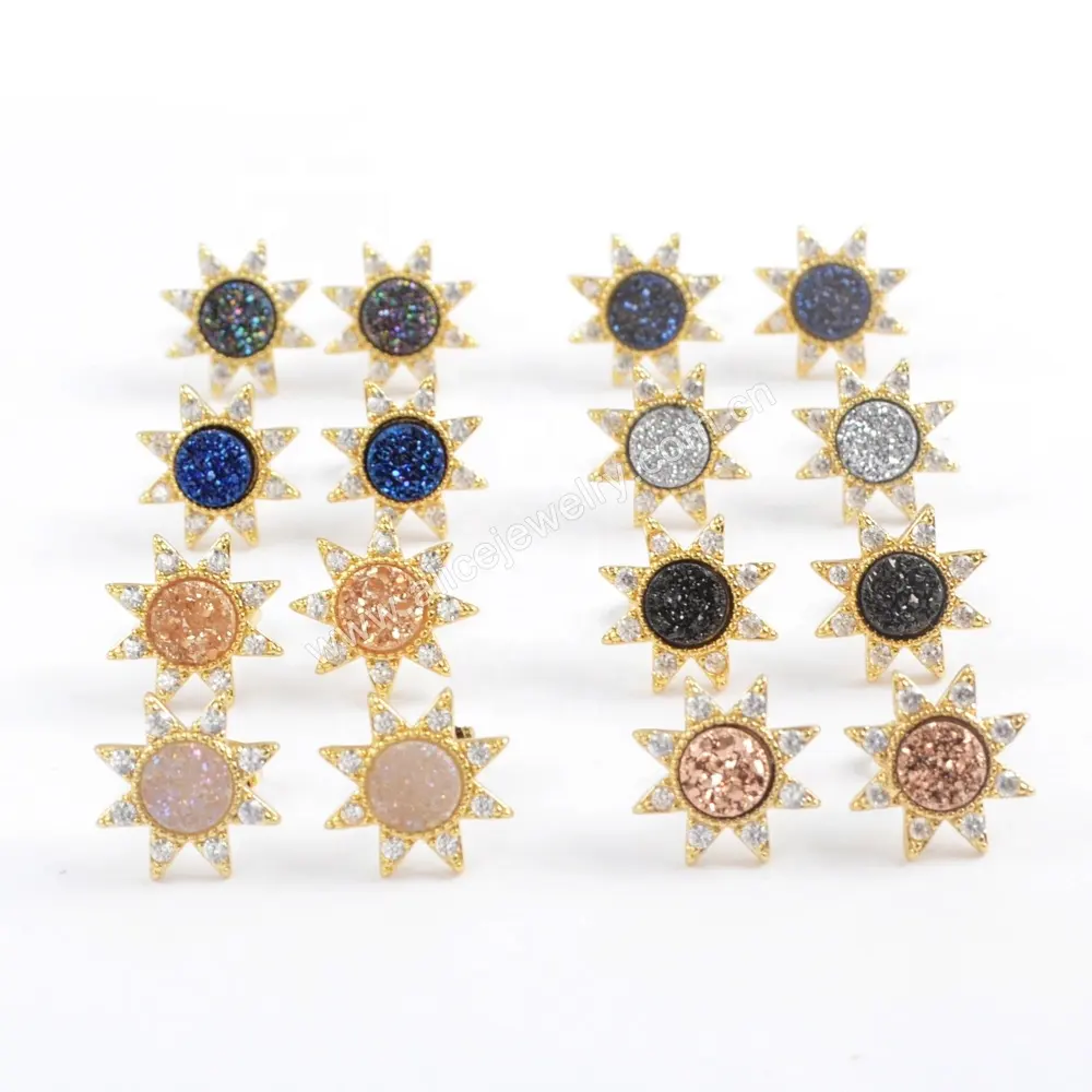 ZG0383 Moda Natural Ágata Estrella Studs Pendientes Sol Pendientes Druzy CZ Pendientes para Mujer