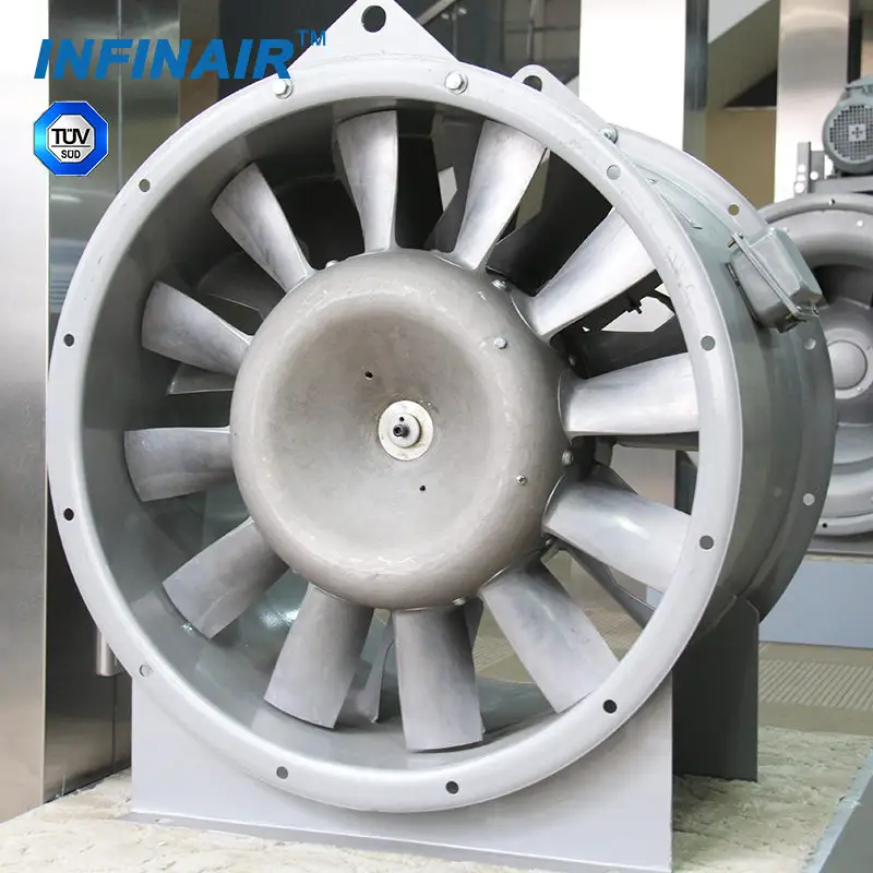Large airflow volume vane axial fan for ducted mounting applications