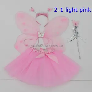 Saia de fadas de festa para meninas, moda leve rosa básica tutu com laço com borboleta luz rosa conjunto de asas