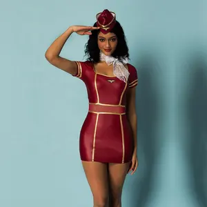 2021 Nieuwe Ontwerp Voorraad Item Sexy Rose Rode Latex Stewardess Kostuum