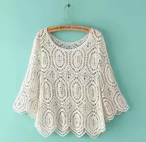 M454 dingyang Fashion 2016 ladies lace hollow hand knitted crochet half sleeve blouse