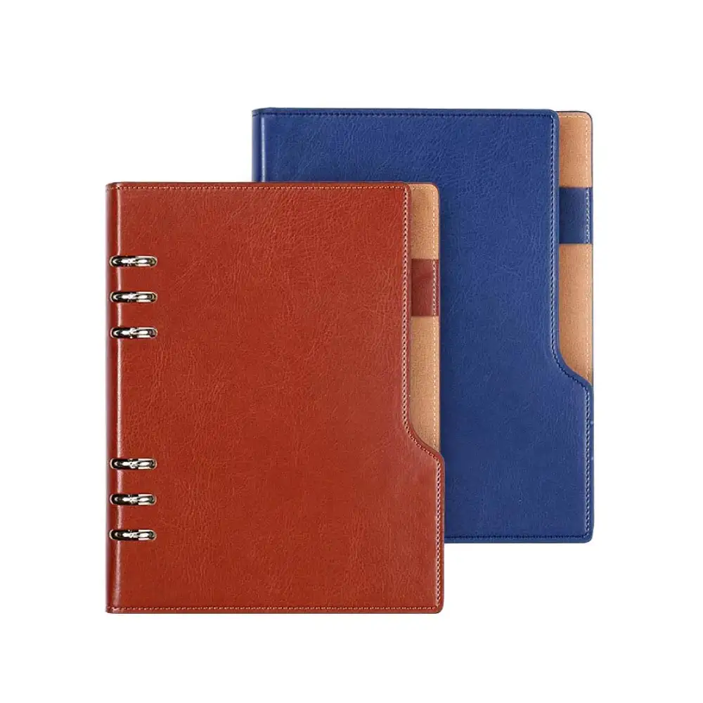 Custom logo A5 hardcover pu leather notebook office meeting planner loose leaf ring binding with pen holder diary