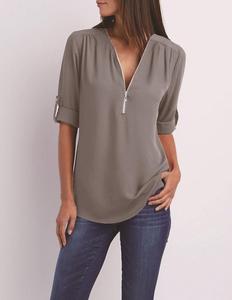 Blus Chiffon Kasual Vintage Wanita Kerah V Resleting Setengah Ukuran Besar Plus Longgar Fit Panjang Musim Gugur Vintage Blusa Feminina Vestidos - Product Image 5