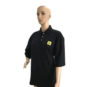 Antistatik 96% pamuk ESD siyah mavi Unisex Anti statik pamuk örme kumaş bez tekstil anti-statik OEM o-boyun Polo T Shirt