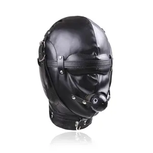 Leather black bondage hood with mouth ball gag adult fetish for slave play BDSM