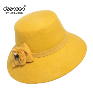 노란 Cloche 모자 겨울 울 펠트 모자 장식 어린 소녀 모직 Cloche 소녀 파티 드레스 - Product Image 2