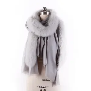 Fashionable classic style winter warm woolen shawl women stoles with fox fur