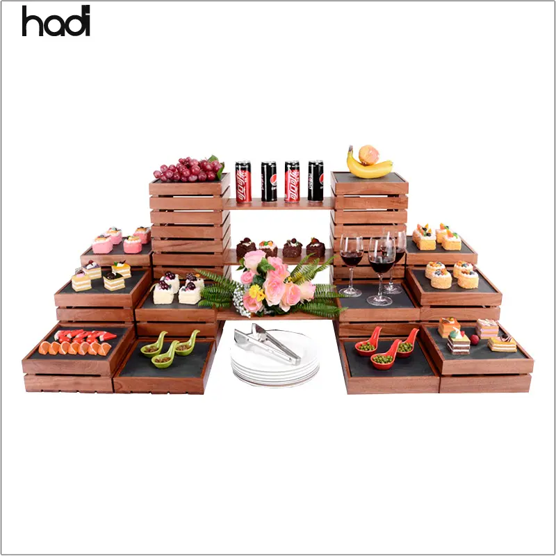 Dubai di alta qualità di stile moderno buffet riser soild legno cibo display stand rack utilizzato attrezzature per la ristorazione per la vendita