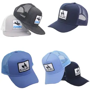 Personalizzato cappello di modo con ricamo patch di cinque pannelli mesh trucker caps commercio all'ingrosso con su misura di marca e curvo cappello a tesa