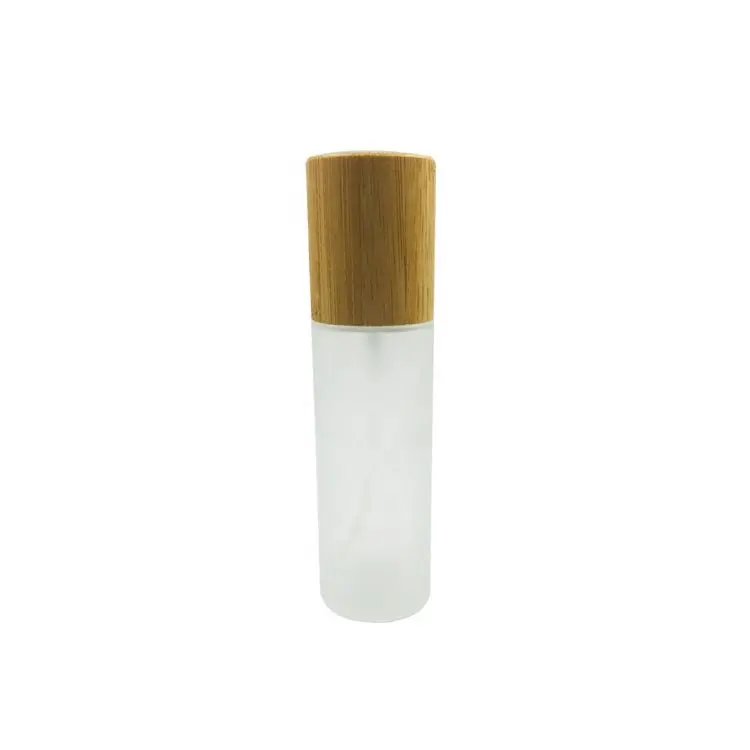Top grade frasco de spray de vidro fosco 100ml com tampa de bambu/fosco garrafa bomba pulverizador embalagem/embalagens de cosméticos dispenser