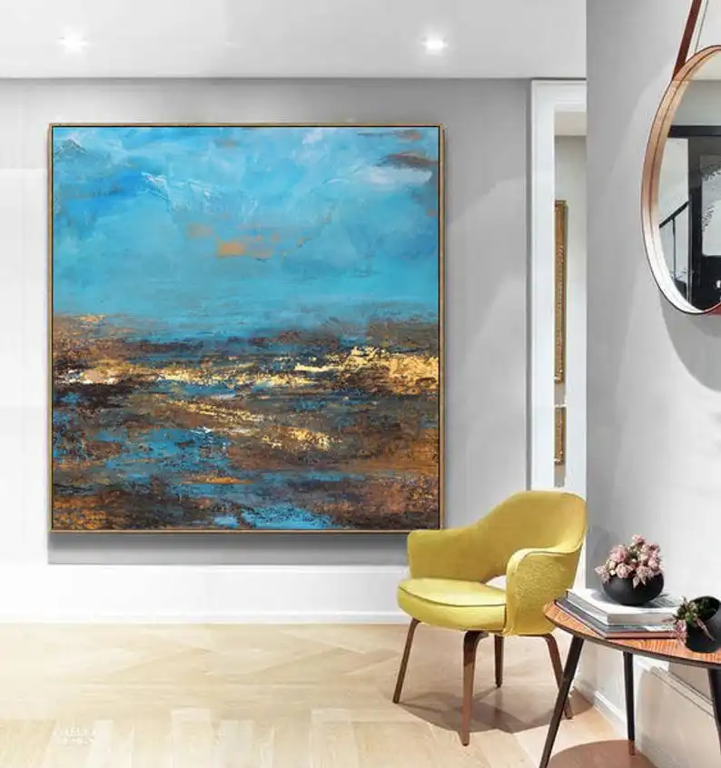 Golden Framed Hand Painted Deep Blue Sky And Beach Abstract Art Painting for Star rated Hotel