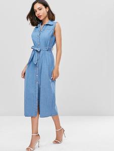 Summer Sleeveless With Blet Design Casual <strong>Dresses</strong> Length <strong>Denim</strong> Women <strong>Dresses</strong> for Lady - Product Image 2