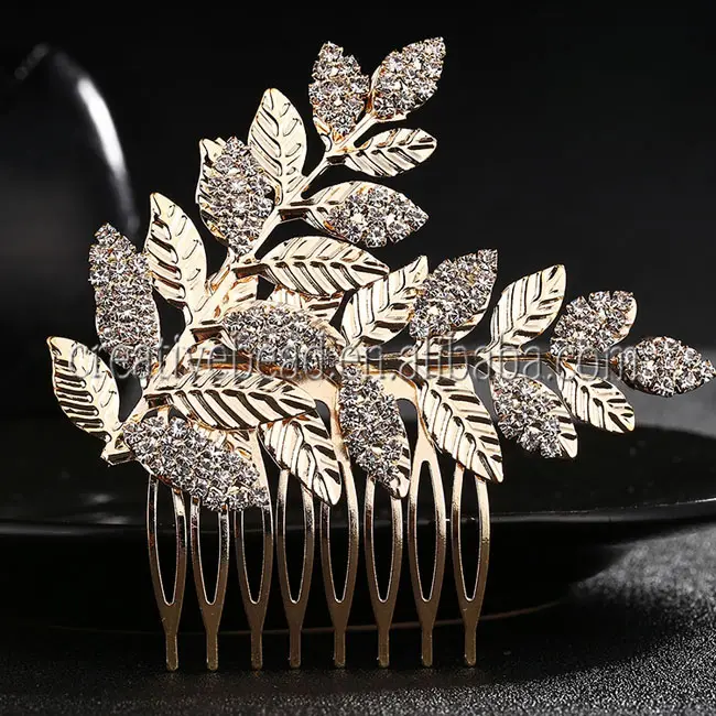 Moda mücevherli kristal düğün suni elmas altın yaprak tarak ve gelin taklidi saç tarağı Tiara