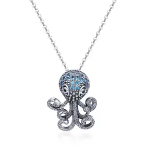 BAGREER SCN166 Cute Fashion Vintage Octopus Shaped Pendant Necklace With Paved CZ Diamonds 925 Silver Jewelry