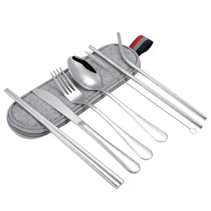 可重复使用的旅行不锈钢餐具套装刀叉勺筷子带清洁刷手提包