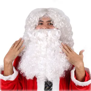 Moda iyi ucuz sentetik cosplay peruk kaliteli beyaz santa peruk ve sakal