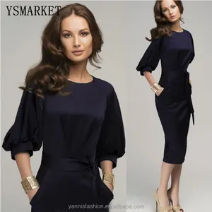 New hot style Fashion elegant temperament waist pencil dress Seven points in the lantern sleeve dress E7203