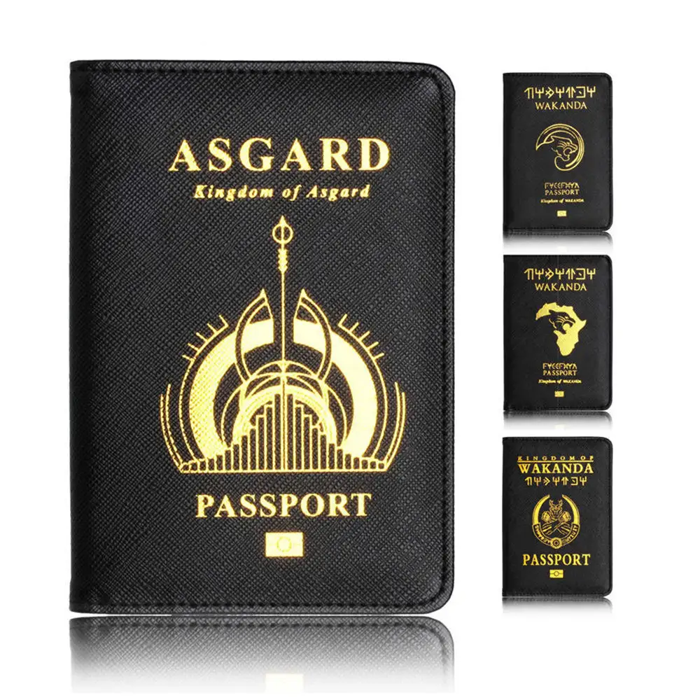 थोक 6 डिजाइन आरएफआईडी ताला Wakanda हमेशा के लिए ब्लैक पैंथर ASGARD चमड़े पासपोर्ट धारक टिकट और आईडी कार्ड स्लॉट के साथ