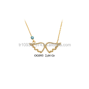Collier à breloques en or massif 14K, mauvais yeux, ailes d'ange, collier en Zircon cubique, bijoux en or 14k, vente en gros, Offre Spéciale - Product Image 1