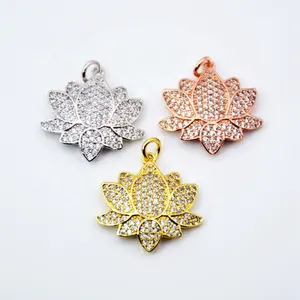 Cz micro pingente colar lotus, pingente para colar, pulseira, zircônia cúbica, flor de lótus, yoga