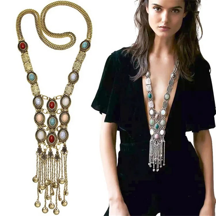 Vintage Statement Necklace Long Tassel Exaggerated Gemstone Necklace For Women