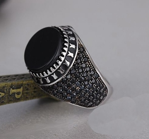 Bijoux fantaisie, bague en argent sterling 925 avec pierre noire, modèles pour hommes - Product Image 2