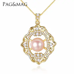 Pag&Mag Wholesale India Style Silver Hoop Diamond Shape Tiny Crystal Mounting Freshwater Pearl Pendant Jewelry Pearl Necklace