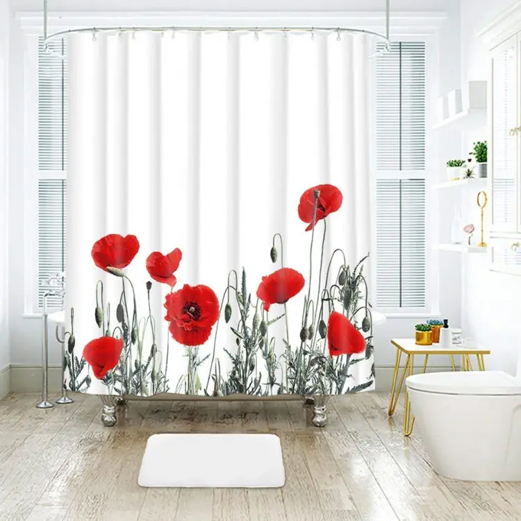 Vintage Red Poppy Floral Stoff Dusche Vorhang Set Dekorative Mehltau Resistent Wasserdicht Polyester Bad Vorhang