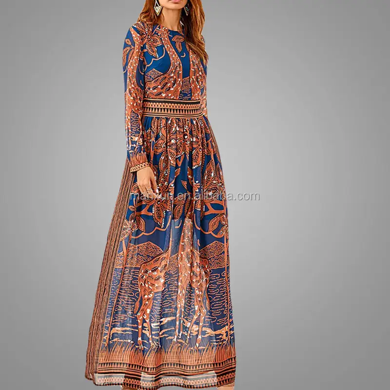 Hot Spring Ethnic Digital Print Maxi Dress Fancy Female Long Kaftan Chiffon Printed Arabic Abaya