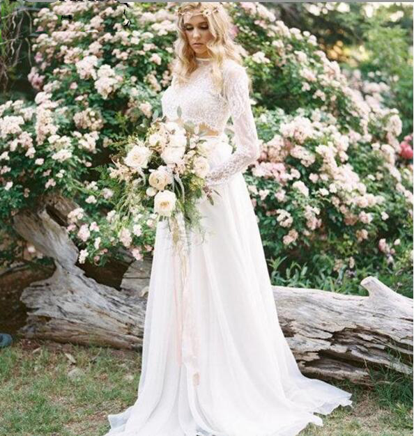 princess polly baby blue dress Vintage Floral Boho Lace Wedding Dress with Sleeves Modest Boat Neck L main image 0