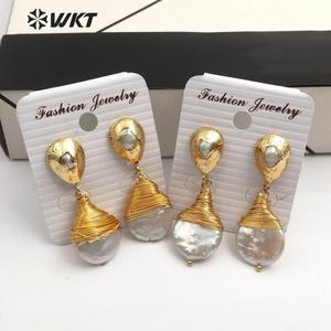 WT-E545 Naturale D'acqua Dolce Orecchino di Perla Filo di Ottone Avvolto Orecchino di Perla Forma A Goccia Orecchino Per La Cerimonia Nuziale Dei Monili - Product Image 5