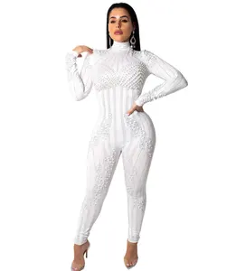 Perlen verzierte sexy Stram pler Damen Jumps uit Glitter Strass Langarm Bodycon Overall Casual Roll kragen Party Bodysuit