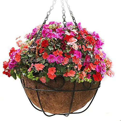 Metalen Opknoping Planter Mand Met Coco Kokos Liner 12 Inch Ronde Draad Plan