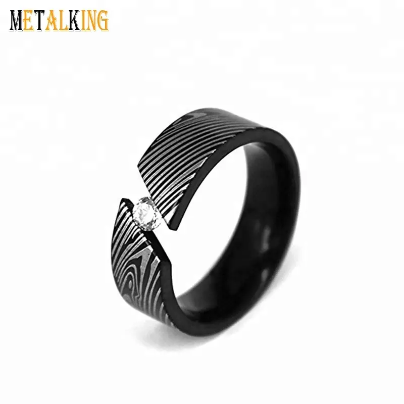 Damascus Steel Plated Men's Women`s Wedding Band Titanium Ring with Cubic Zirconia Stone