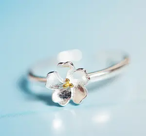Corea flor anillo de apertura ajustable 925 anillos de plata esterlina