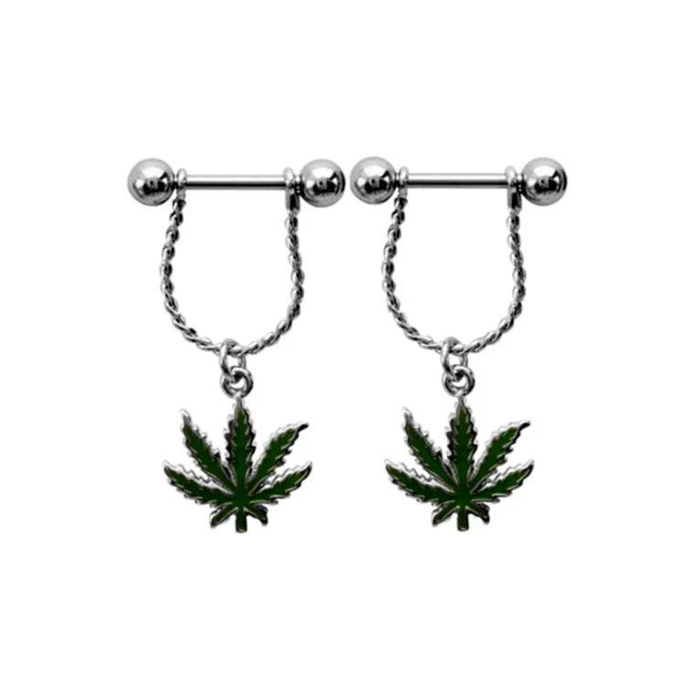 316L Surgical Steel Nipple Barbell Ring With Dangle Marijuana Pot blatt Breast Ring