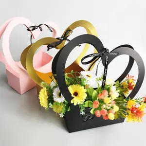 Forma de corazón portátil flor caja de embalaje cesta de regalos de boda de papel plegable caja de flores