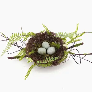 6" Spring Artificial Fern Bird Nest with Speckled Eggs and Foliage