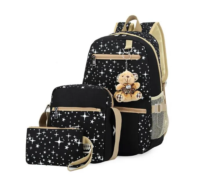 Wholesale korean student 3pcs bag canvas school bag backpack set for girls