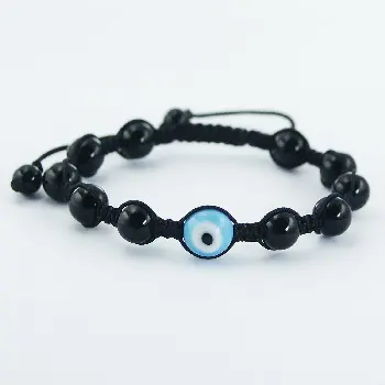 Macrame Bracelet Black Agate Spheres & Greek Evil Nazar Eye