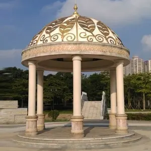 Gazebo Marmer Putih Gaya Thai Besar, Taman dengan Daun Logam Emas