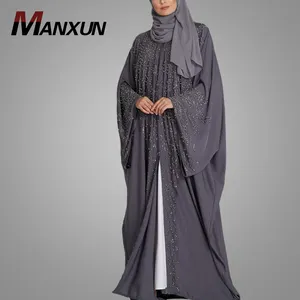 Fashion Duabi Style Grey Open Jacket Kimono Abaya Latest Design Moroccan Caftan With Pearls