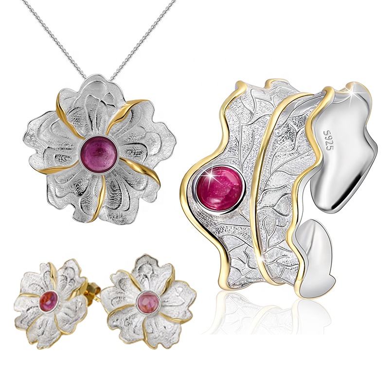 Hot Sale Fashion 925 Sterling Silver With 18k Gold Plating Natural Stone  Flower Leaf Earring Ring Necklace Jewelry Set for Women