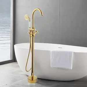 High-end and elegant Floor Standing tub Shower Faucet golden floor mount bathtub filler