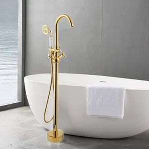 High-End En Elegant Vloerstaande Bad Douche Kraan Golden Floor Mount Bad Filler