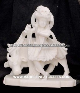 Marble Krishna Statue With Cow - Product Image 1